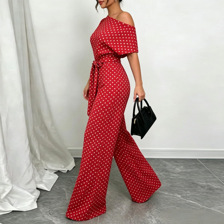 Off Shoulder Belted Wide Leg Jumpsuit