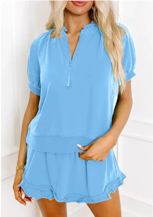 Women 2 Piece Lounge Sets Casual Short Sleeve Outfits Half Zip Puff Sleeve Top and Ruffled Shorts Set