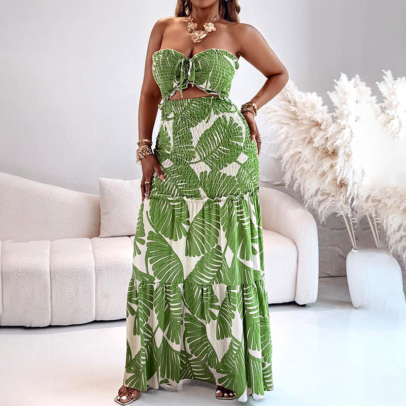 Strapless multi-colored printed pleated maxi dress