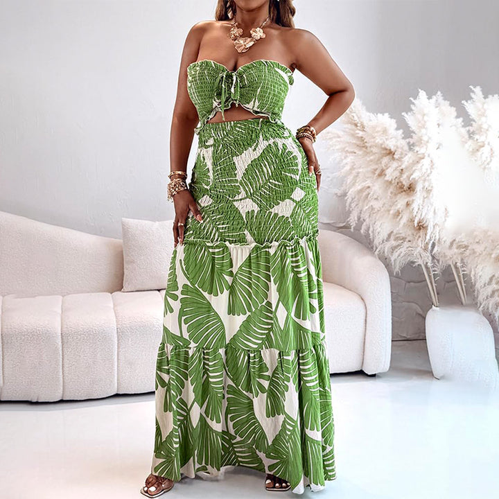 Strapless multi-colored printed pleated maxi dress