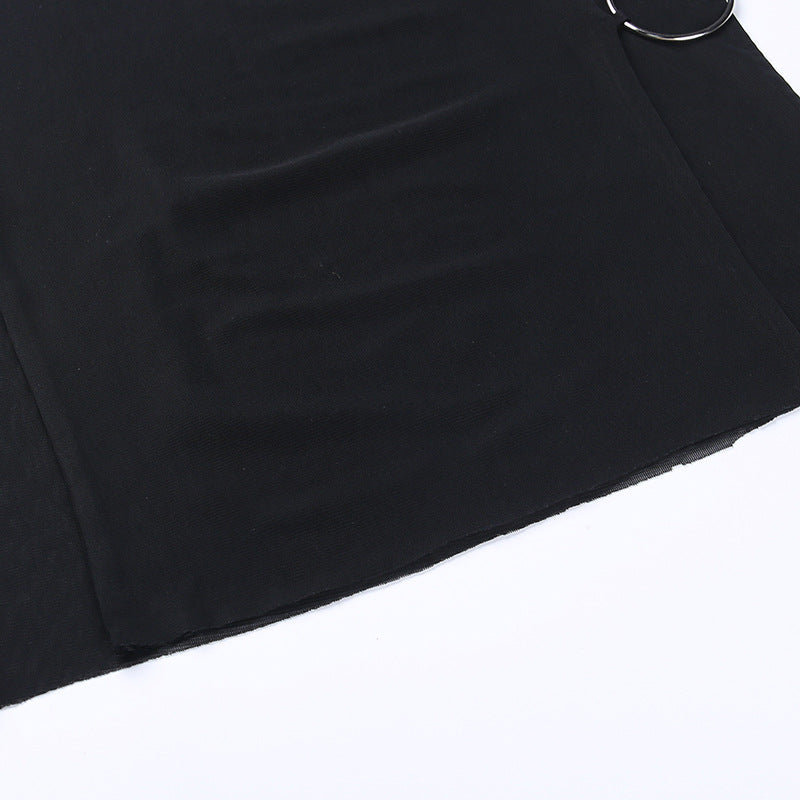Black Mesh Halter Cover-Up Dress with Cut-Out Rings