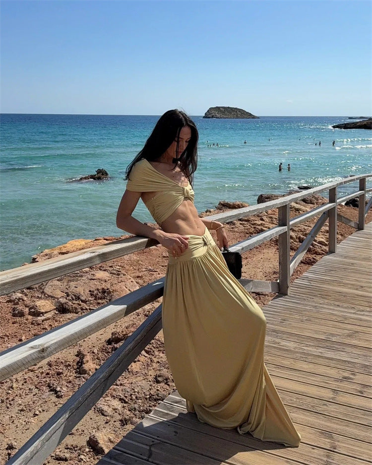 Beige Ruched 3-Piece Swimsuit Set with Off-Shoulder Top and High-Waisted Maxi Skirt