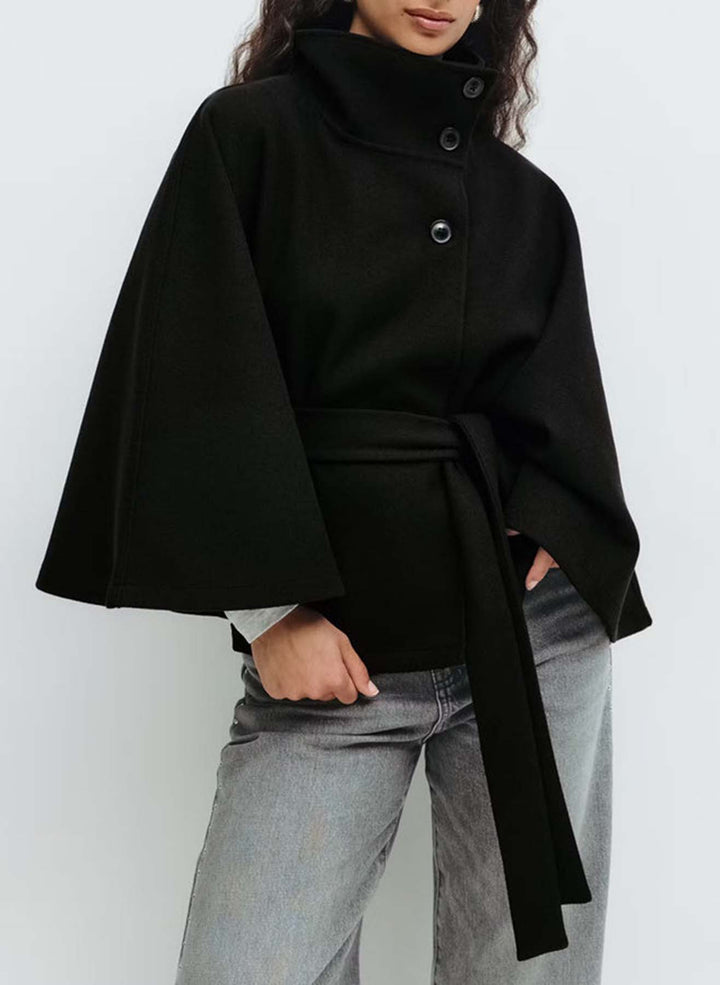 High-Neck Asymmetrical Button Cape Coat with Belt
