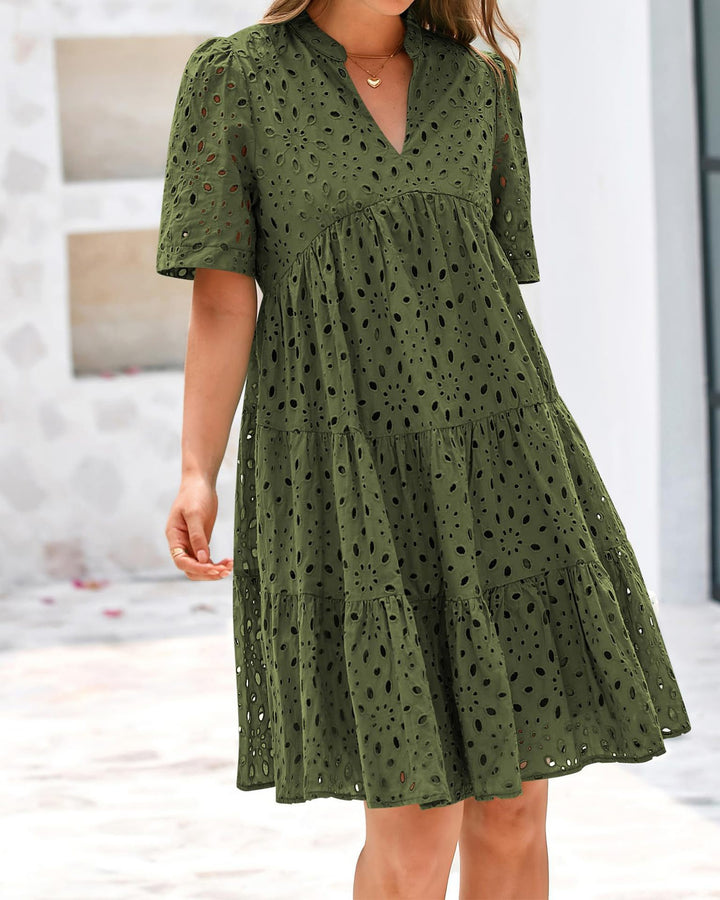Eyelet Embroidery Tiered Mini Dress, Notched Neck Short Sleeve Casual Summer Dress