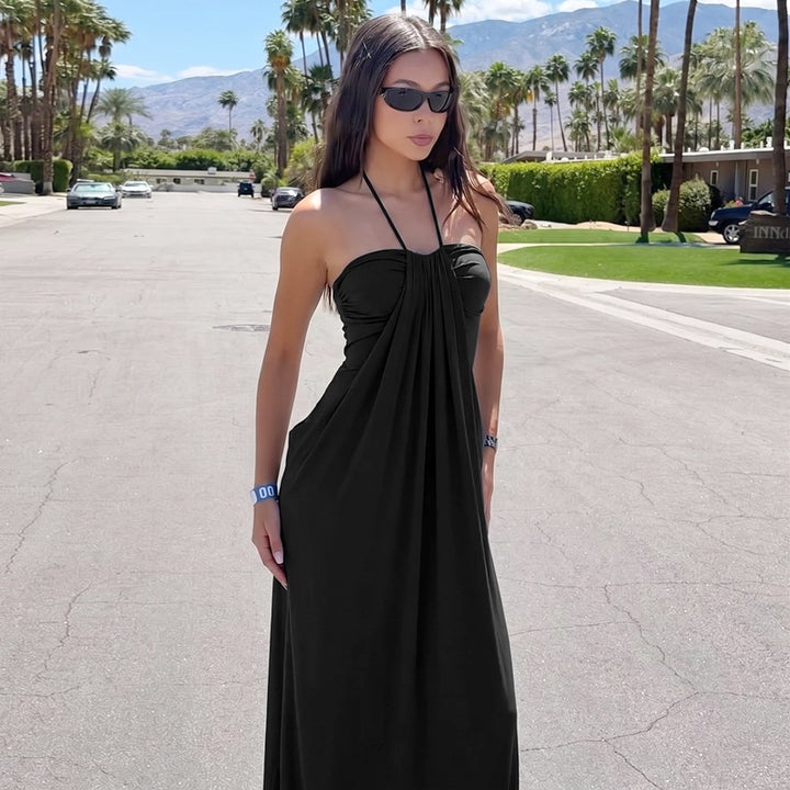 Draped Halter Neck Soft Jersey Midi Slip Dress in Pale Sky Blue