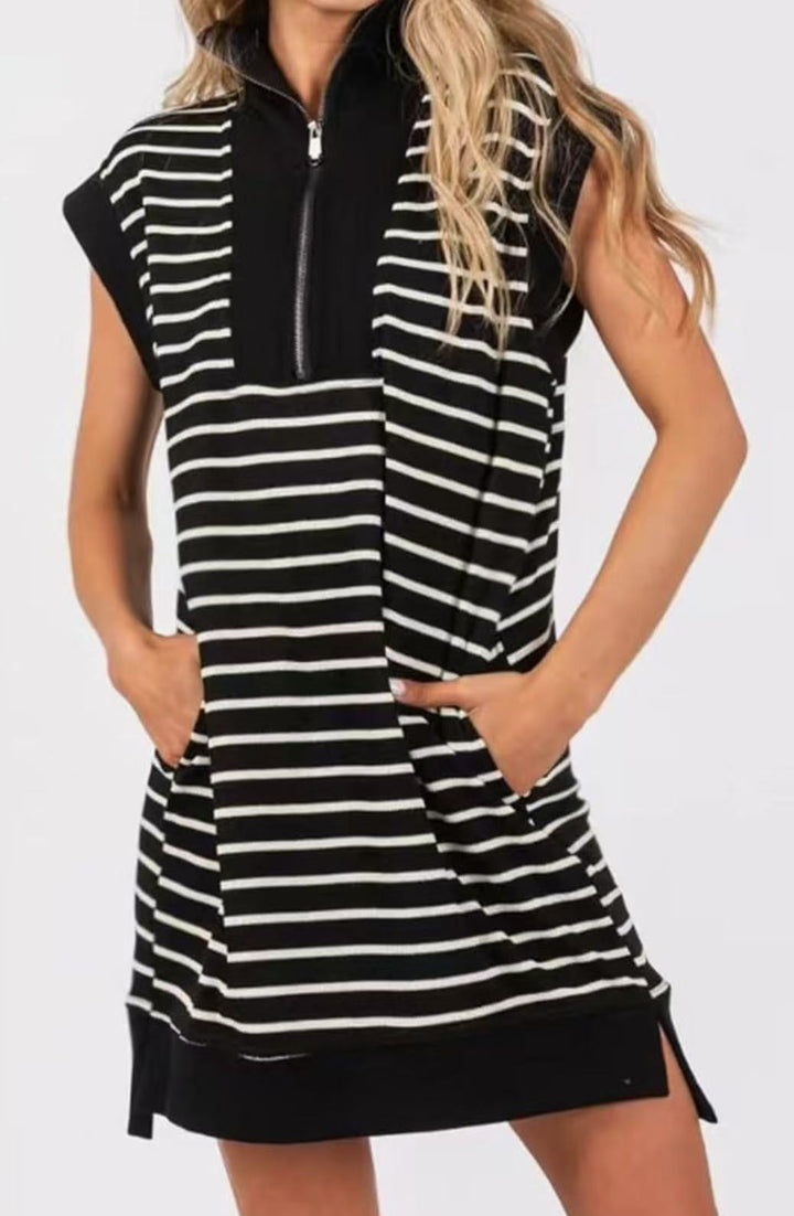 Breton Stripe Half-Zip Cap Sleeve Shift Dress