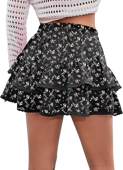 Floral Tiered Ruffle Mini Skirt with Lace Trim