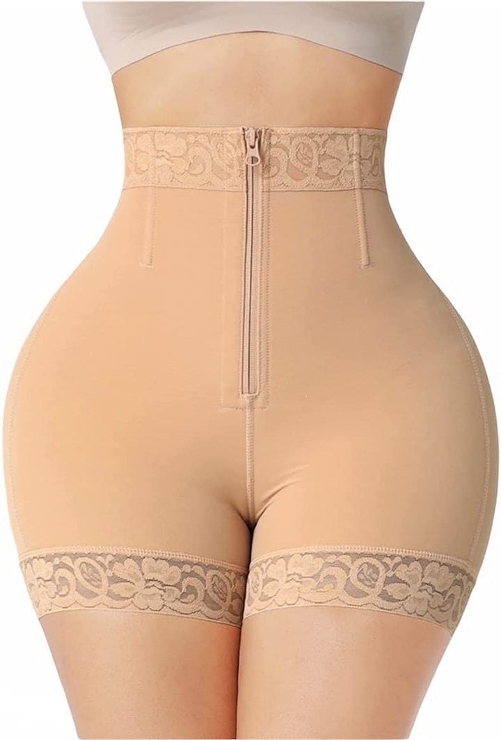 High-Waisted Lace Trim Shapewear Shorts, Zipper Tummy Control Body Shaper