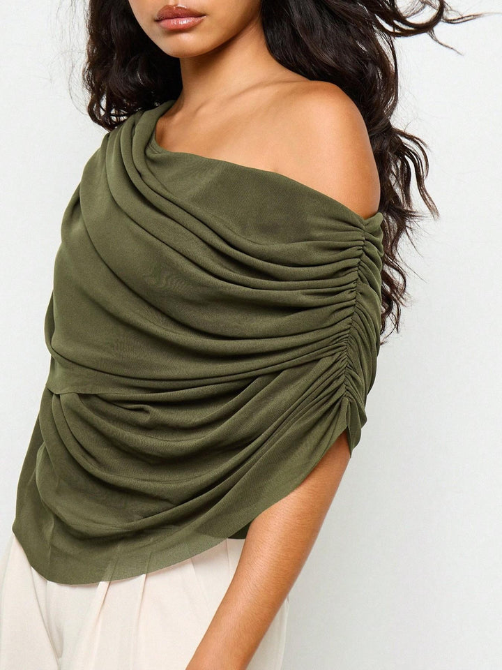 Asymmetric Off Shoulder Draped Mesh Sleeveless Blouse