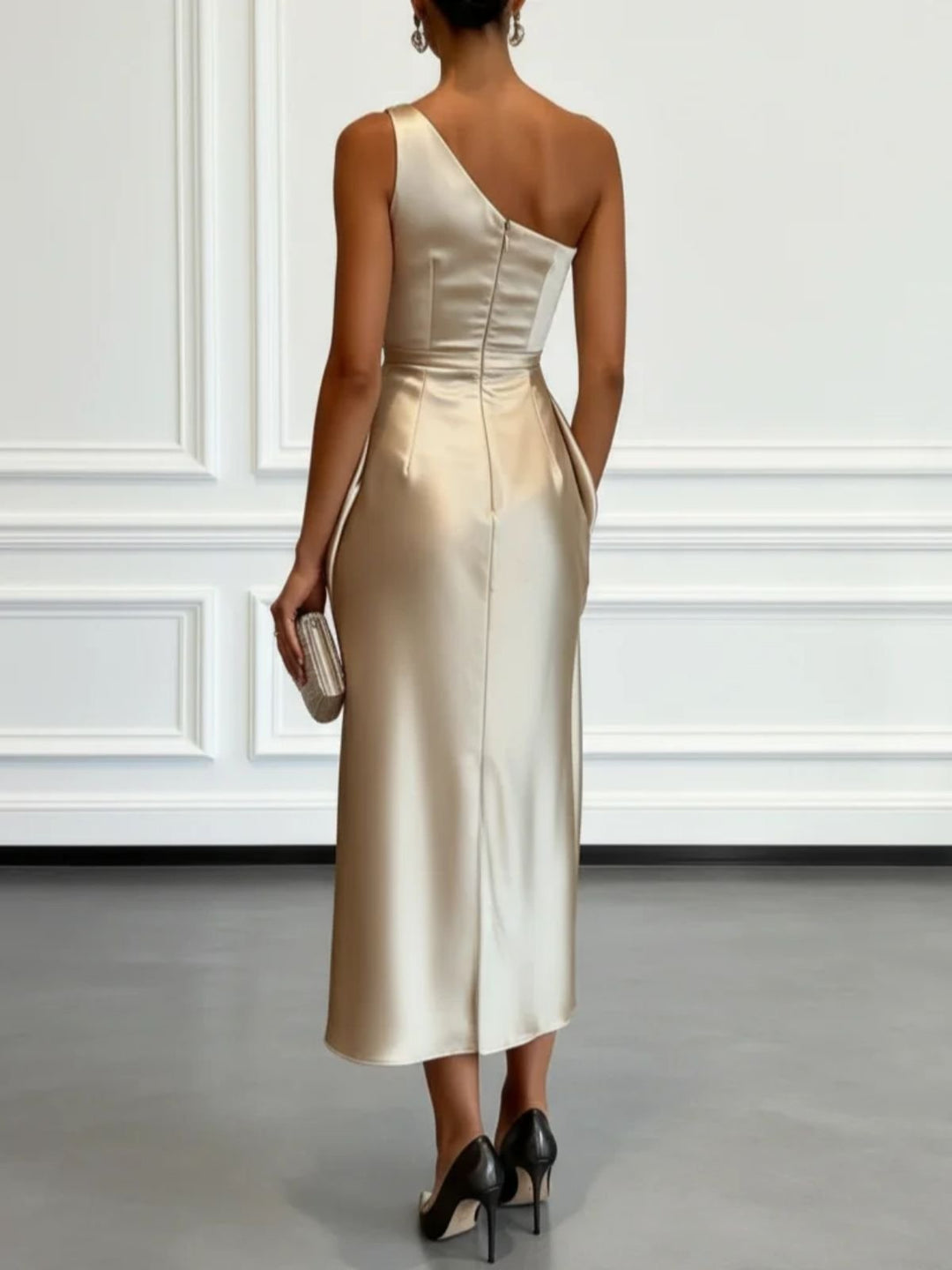 Multi-Color One-Shoulder Satin Midi Dress | Ruched Elegant Party Cocktail Dress