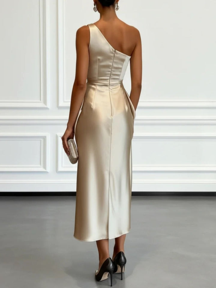 Multi-Color One-Shoulder Satin Midi Dress | Ruched Elegant Party Cocktail Dress