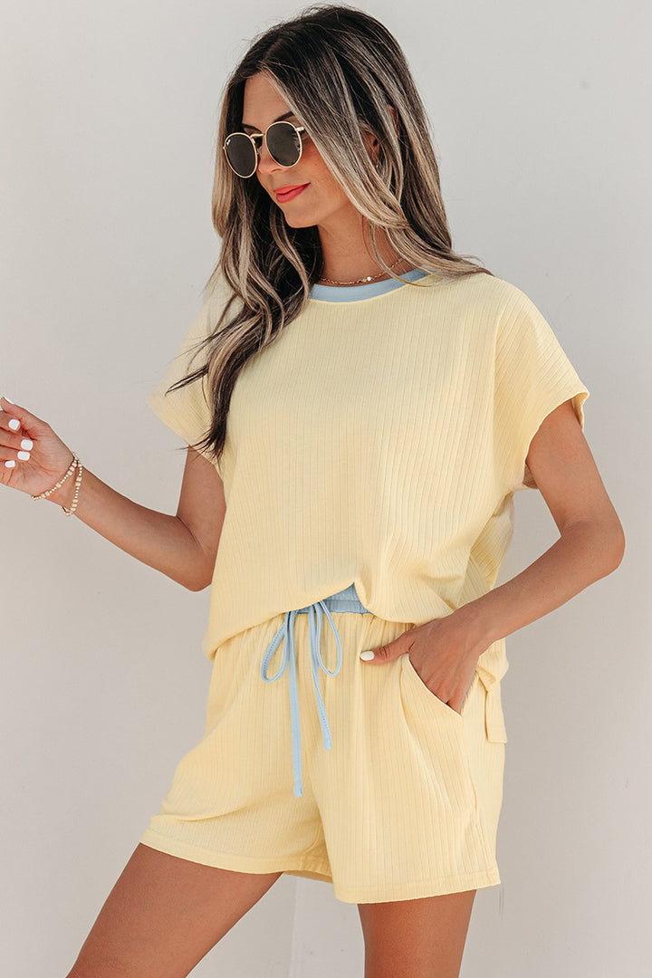 Contrast Trim Ribbed Knit Short Sleeve Top &amp;amp; Drawstring Shorts 2 Piece Loungewear Se