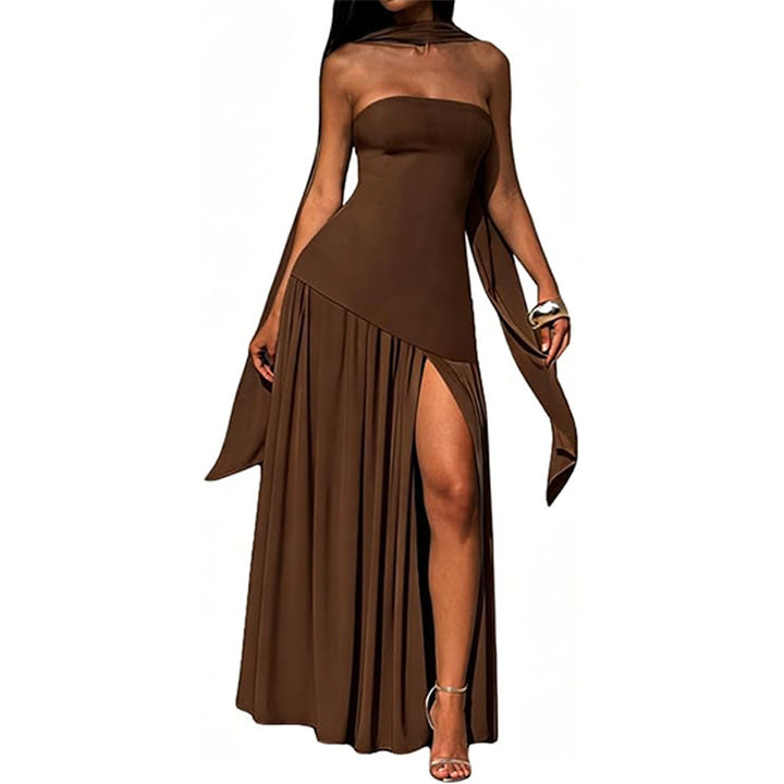 Stylish strapless solid color backless slit dress