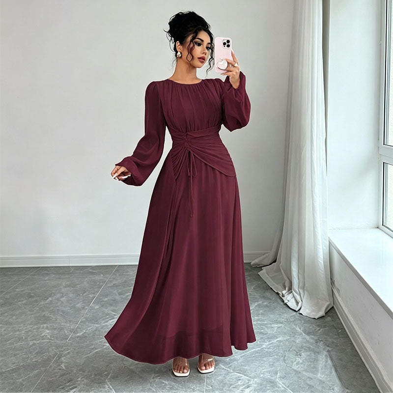 Long Sleeve Ruched Drawstring A-Line Dress