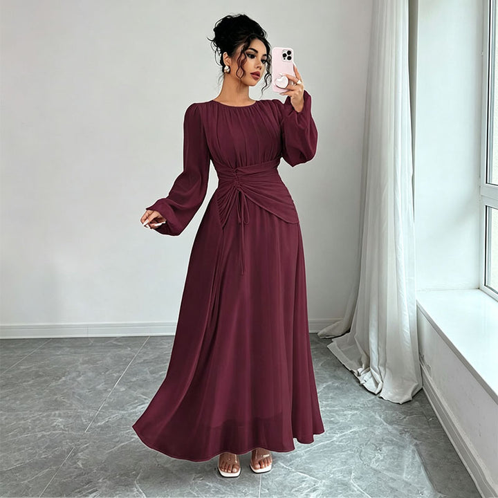 Long Sleeve Ruched Drawstring A-Line Dress