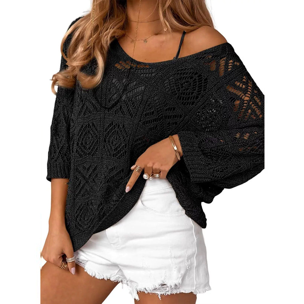 Openwork three-quarter sleeve knitted cover-up