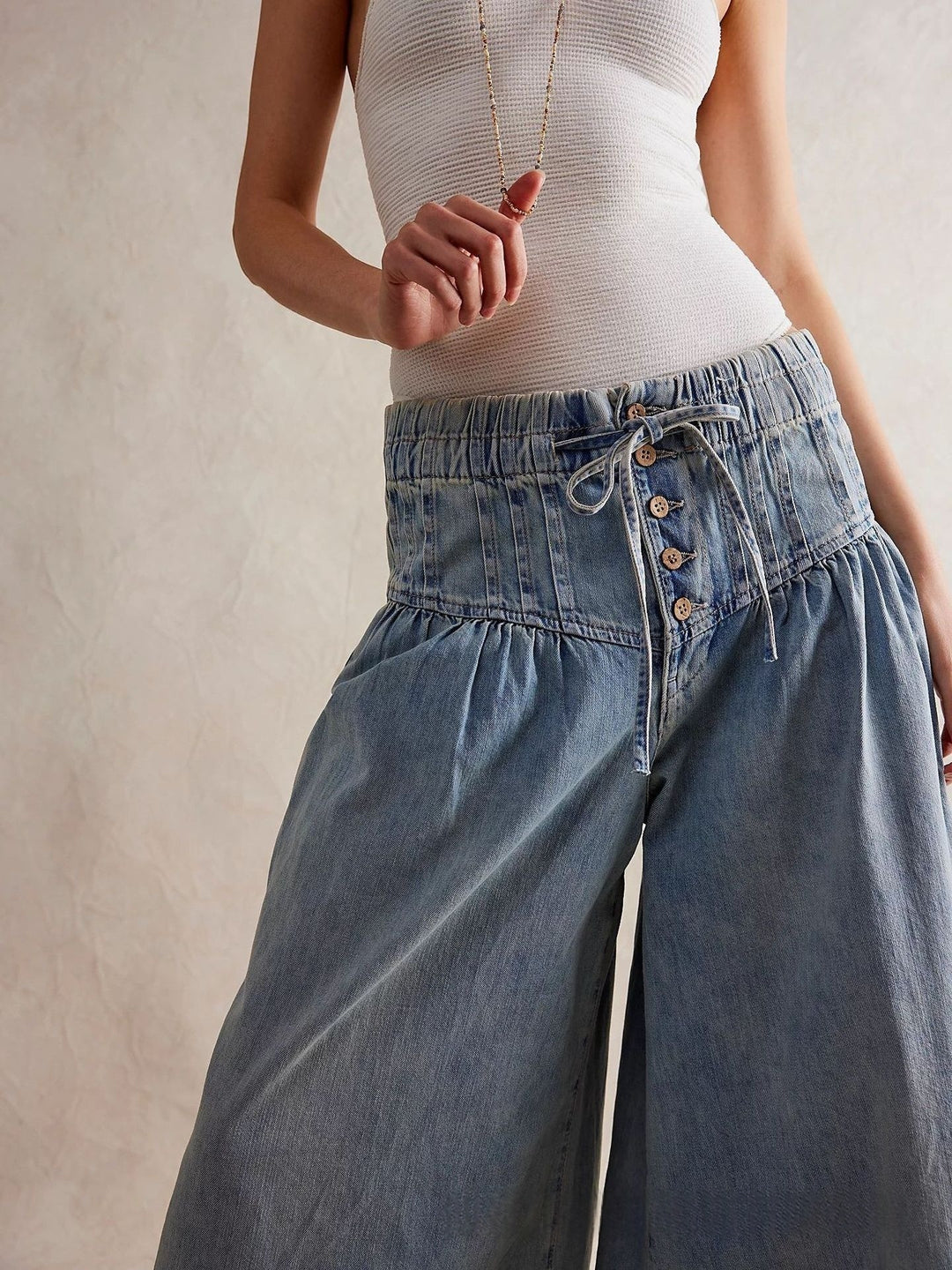 High-Waisted Denim Wide Leg Pants with Corset Waist