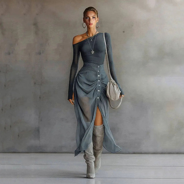 Off-shoulder long-sleeve maxi dress set with a slit