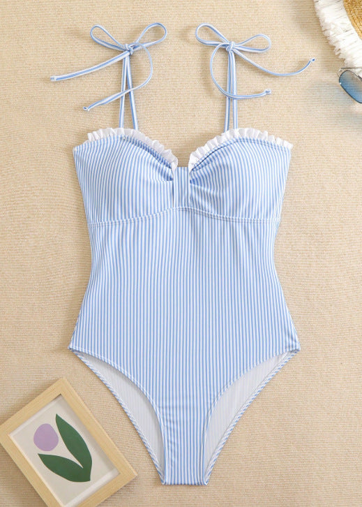Striped Ruffle Trim Tie-Strap One-Piece Swimsuit