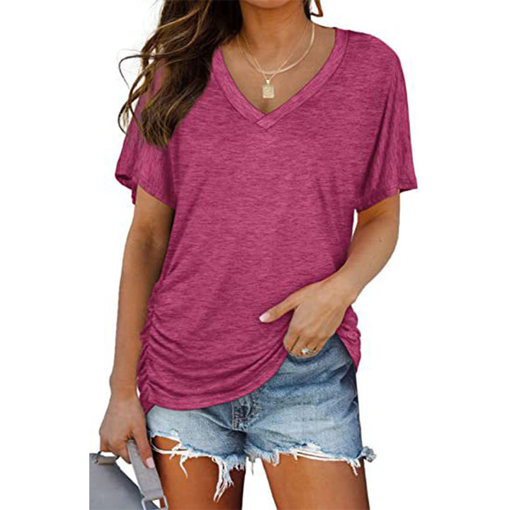 V-neck solid color batwing sleeve ruched short sleeve