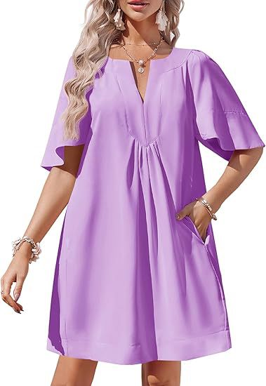 Loose-Fit Tunic Dress, V-Neck with Pleats &amp;amp; Flowy Half Sleeves