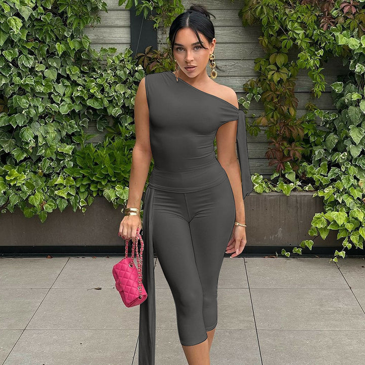 One-Shoulder Tie-Detail Two-Piece Set | Bodycon Crop Top &amp;amp; Capri Leggings Outfit
