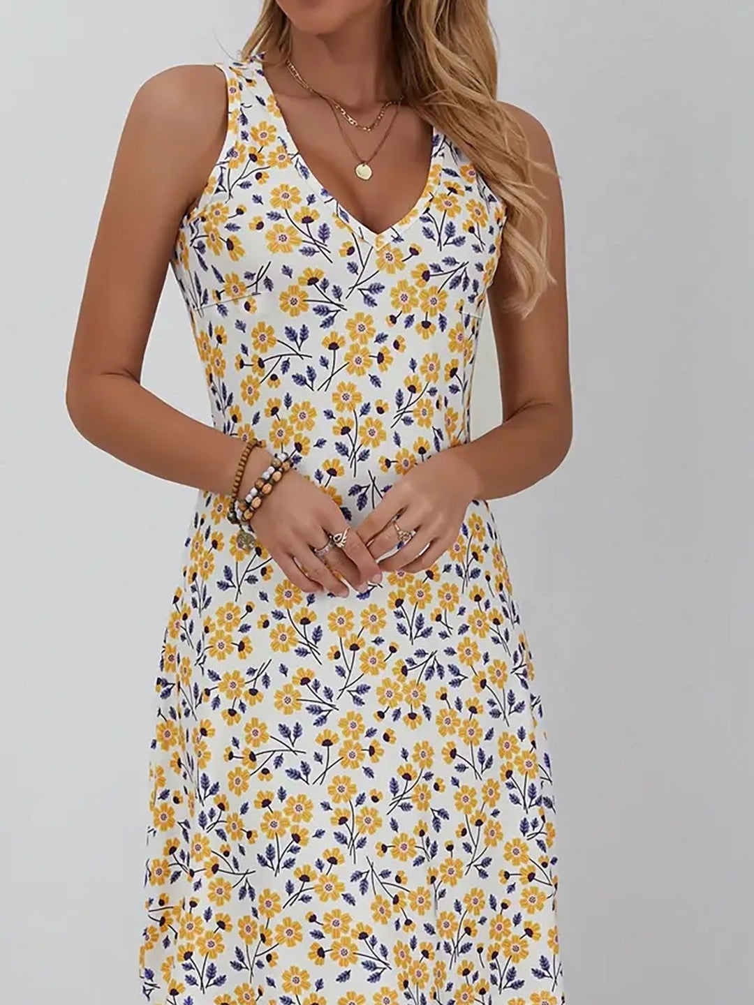 V-Neck Sleeveless Floral A-Line Midi Dress | Pink Cherry Blossom Romantic Midi