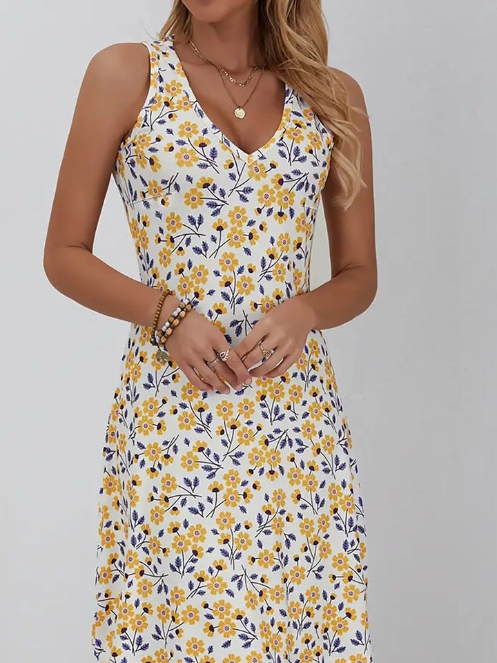 V-Neck Sleeveless Floral A-Line Midi Dress | Pink Cherry Blossom Romantic Midi
