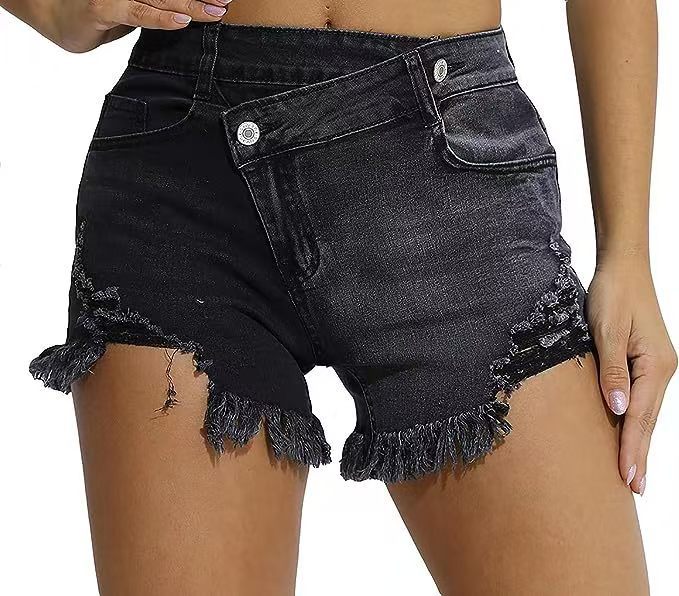 Crisscross Waist Ripped Denim Shorts, High-Waisted Distressed Jean Shorts with Raw Hem