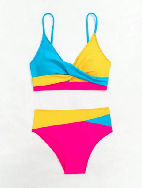 Neon Color Block Twist-Front Bikini Set, Mid-Rise 2-Piece Swimsuit