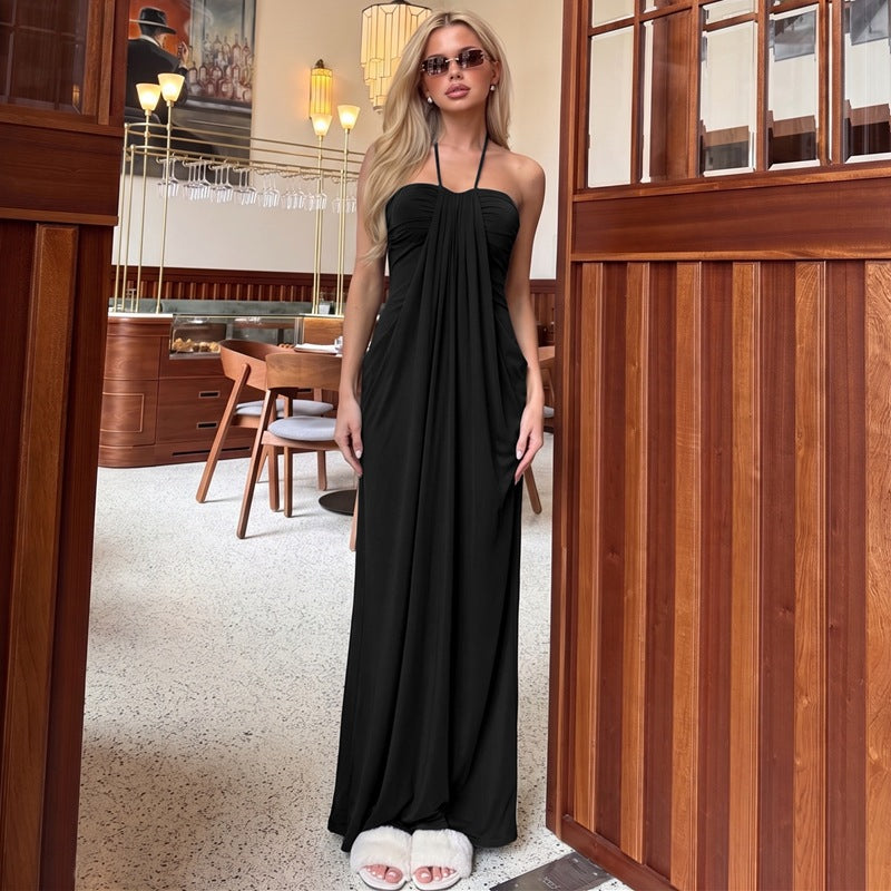 Draped Halter Neck Soft Jersey Midi Slip Dress in Pale Sky Blue