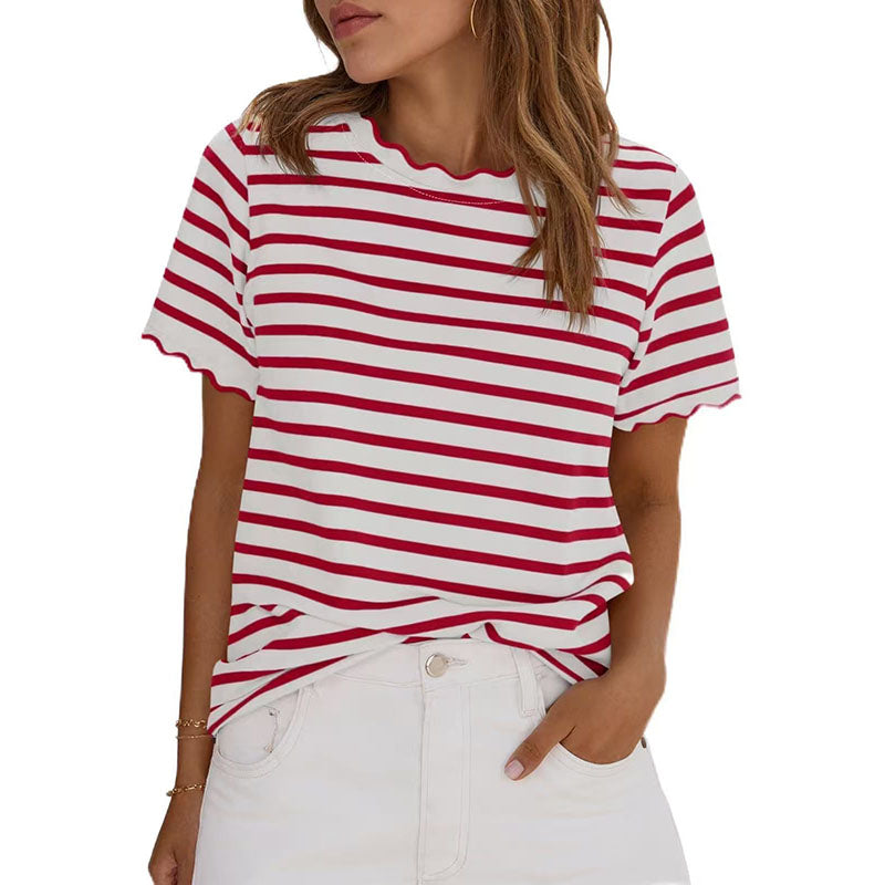 Ribbed crew-neck striped short-sleeve top