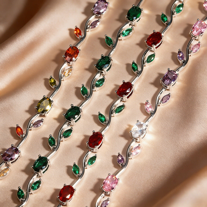 Gold Tone Multicolor Gem Vine Leaf Bracelet | Vintage Nature-Inspired CZ Cuff
