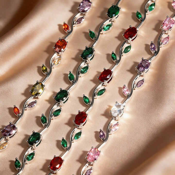 Gold Tone Multicolor Gem Vine Leaf Bracelet | Vintage Nature-Inspired CZ Cuff