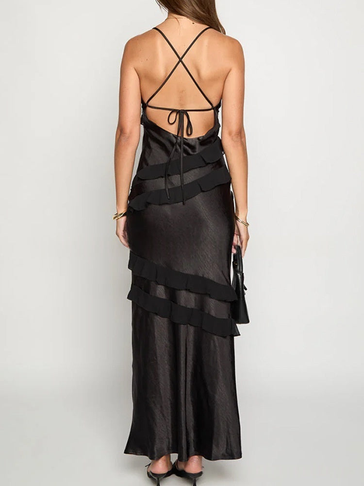 Satin Open Back Maxi Dress | Deep V Ruffle Asymmetrical Slip Evening Gown