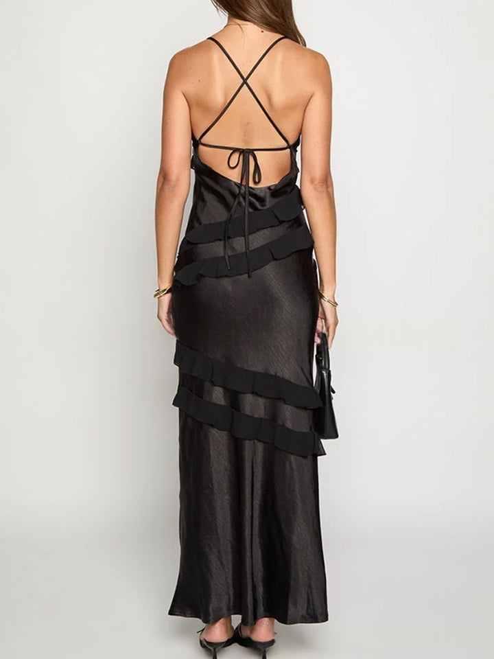 Satin Open Back Maxi Dress | Deep V Ruffle Asymmetrical Slip Evening Gown
