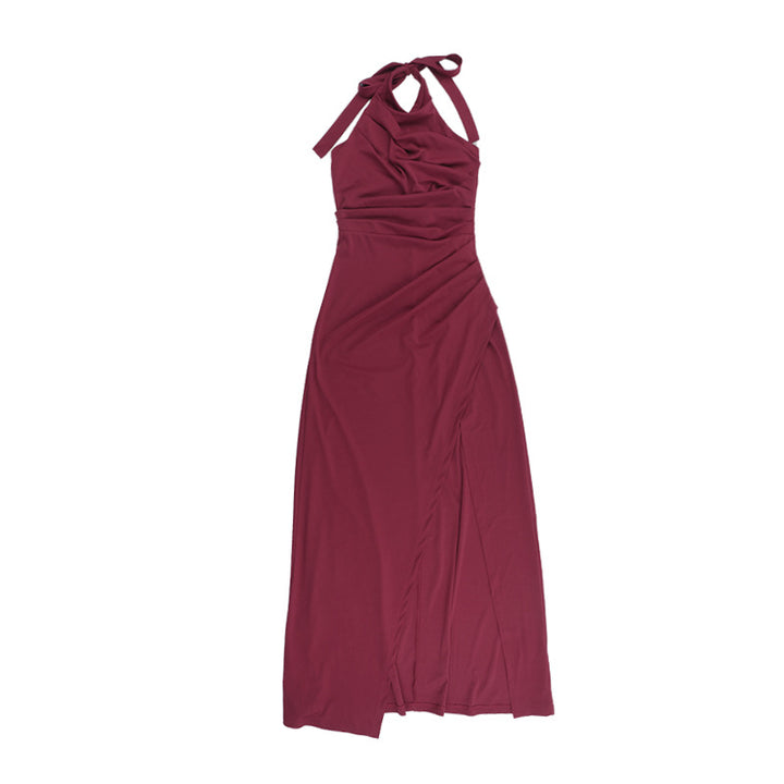 Halter Neck Ruched Slit Maxi Dress