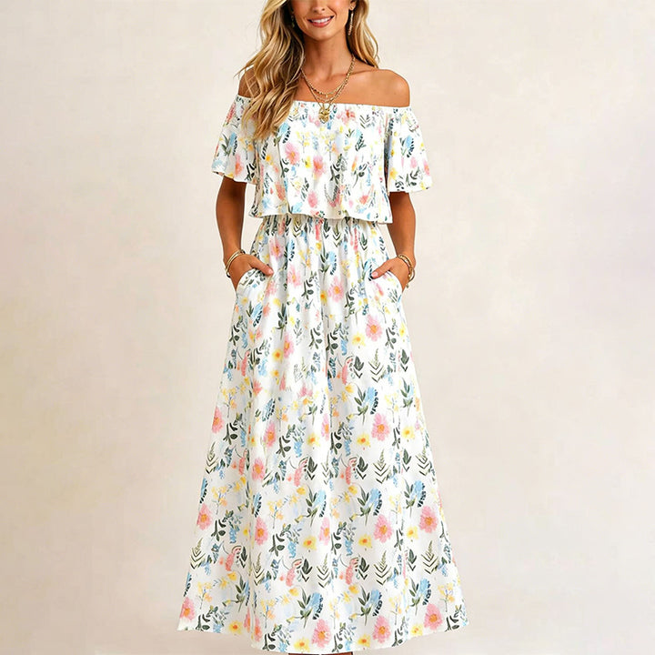 Printed off-shoulder short-sleeved long dress