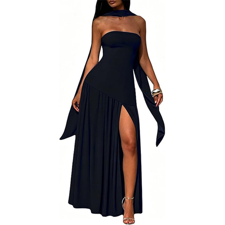 Stylish strapless solid color backless slit dress