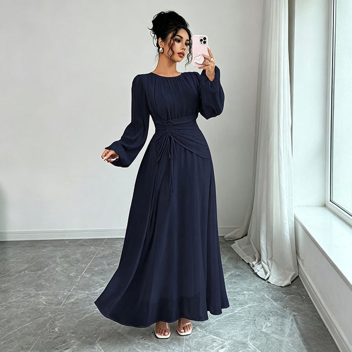 Long Sleeve Ruched Drawstring A-Line Dress