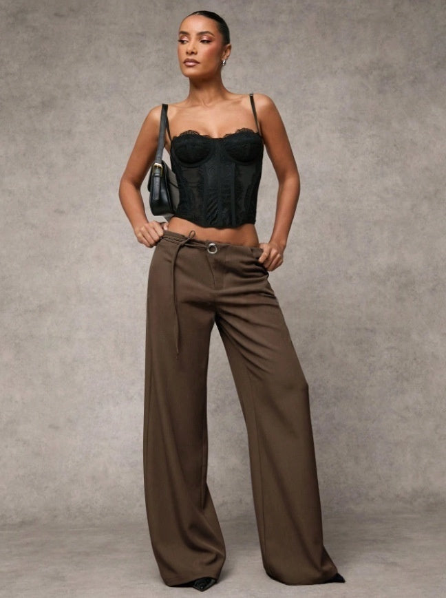 Low-Rise Tie Waist Wide Leg Trousers | Tailored Flare Pants with Metal Ring Detail for Women