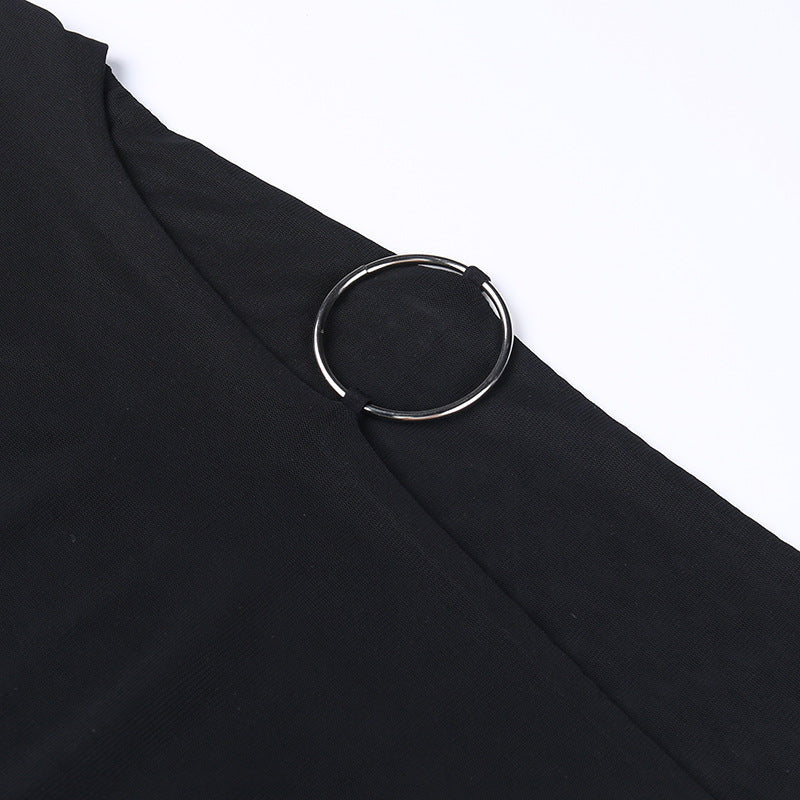 Black Mesh Halter Cover-Up Dress with Cut-Out Rings