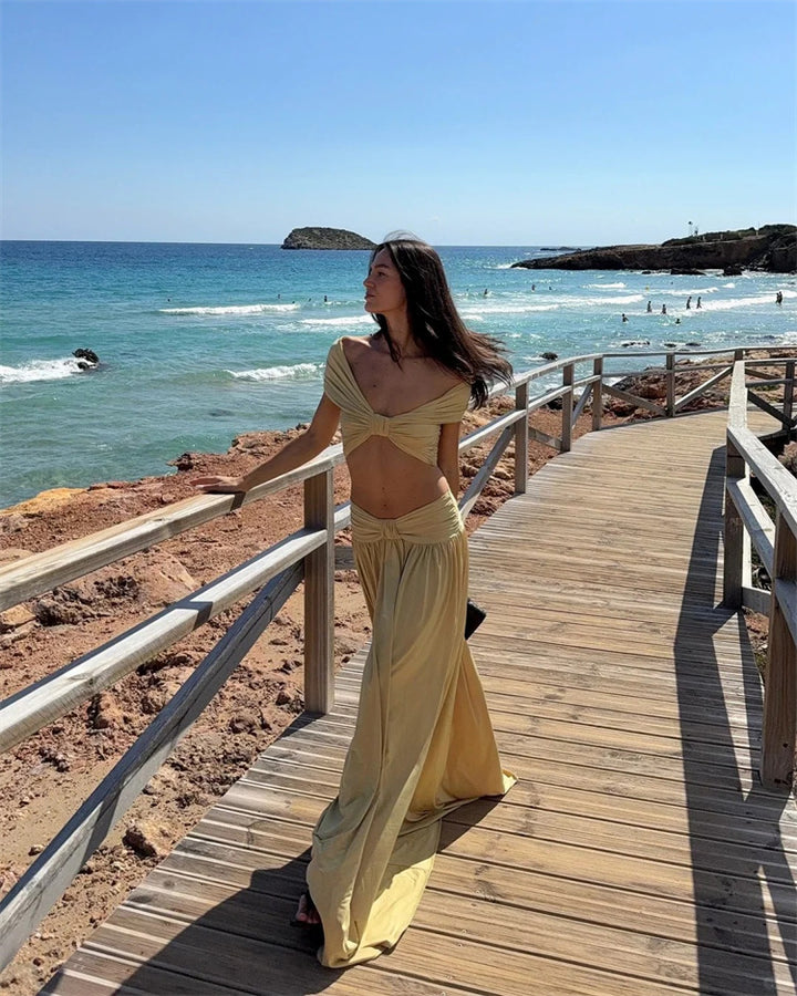 Beige Ruched 3-Piece Swimsuit Set with Off-Shoulder Top and High-Waisted Maxi Skirt