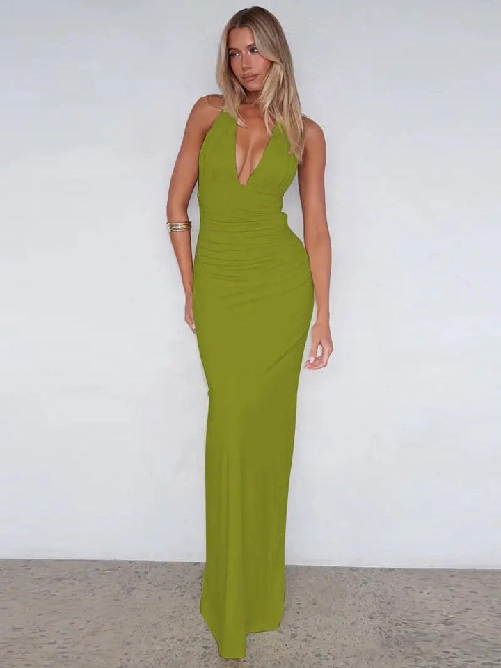 Halter Neck Deep V Ruched Maxi Dress
