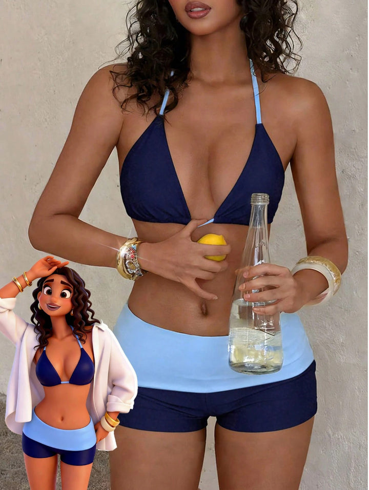 Color-Block Triangle Bikini Set with Boyshort Bottom
