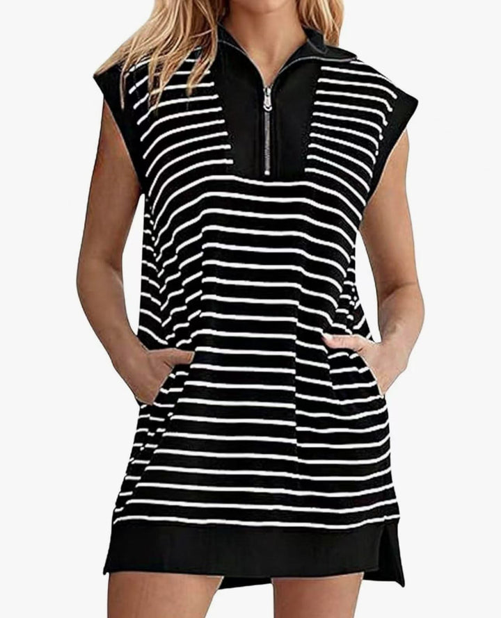 Breton Stripe Half-Zip Cap Sleeve Shift Dress