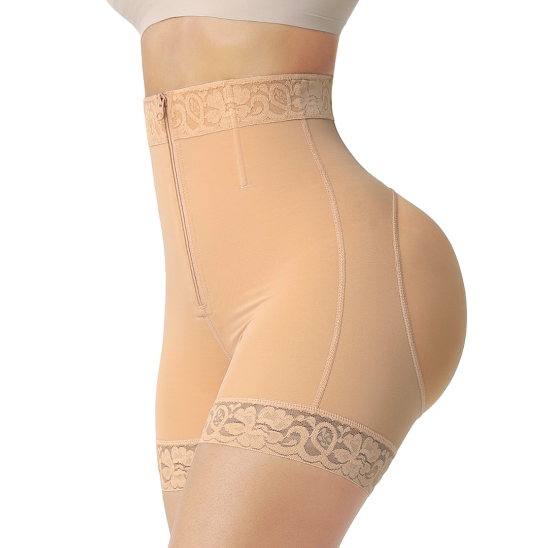 High-Waisted Lace Trim Shapewear Shorts, Zipper Tummy Control Body Shaper