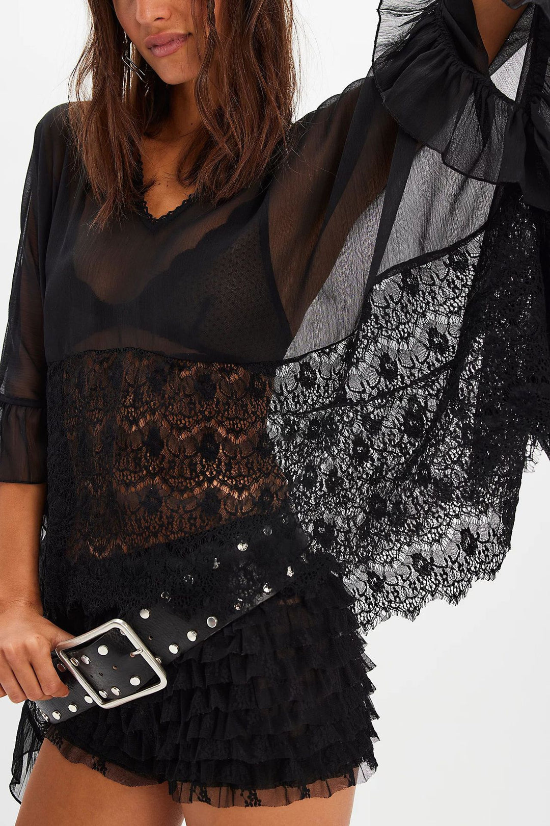 Boho Sheer Lace Ruffle Blouse