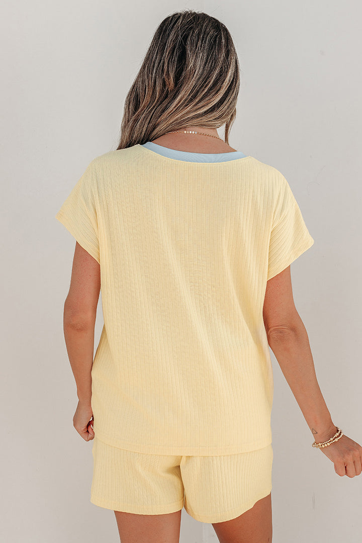 Contrast Trim Ribbed Knit Short Sleeve Top &amp;amp; Drawstring Shorts 2 Piece Loungewear Se