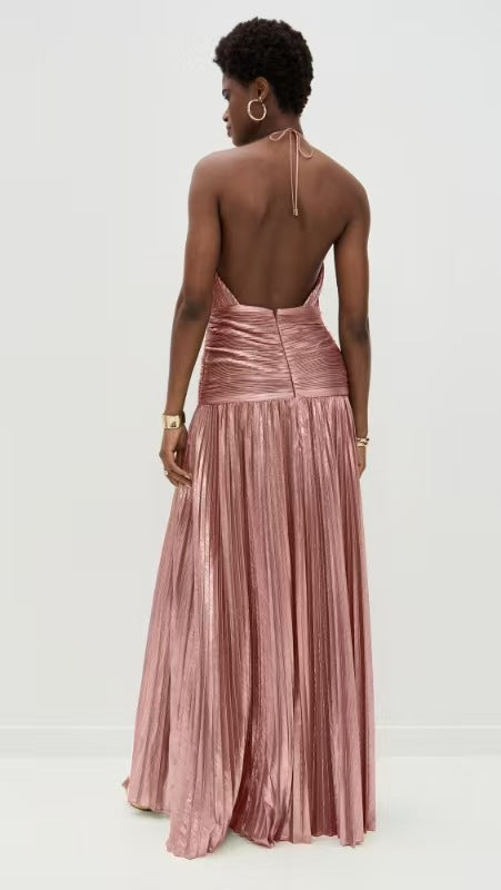 Metallic Olive Green Halter Neck Pleated Gown with High Slit